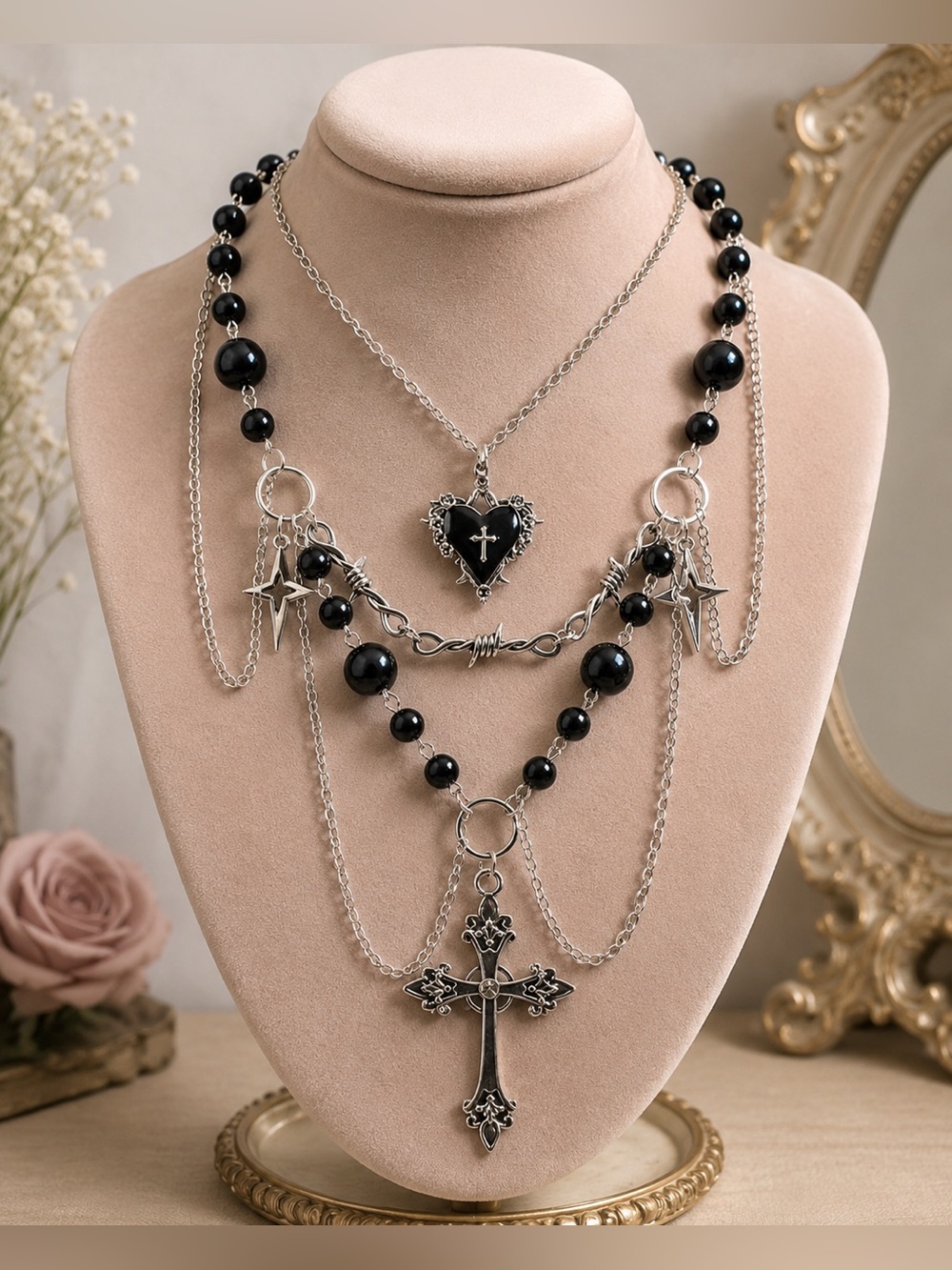 Black Bead Layered Gothic Cross Necklace - Women Jewelry